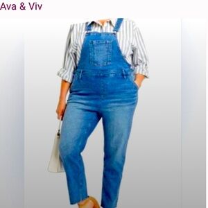 Ava & Viv Farm-core Plus Size 16W Stretch Denim Tapered Pockets Raw Hem Overalls